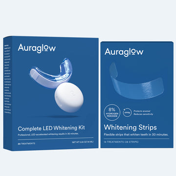 Auraglow Teeth Whitening Kit and 8% Whitening Strips Bundle — front view