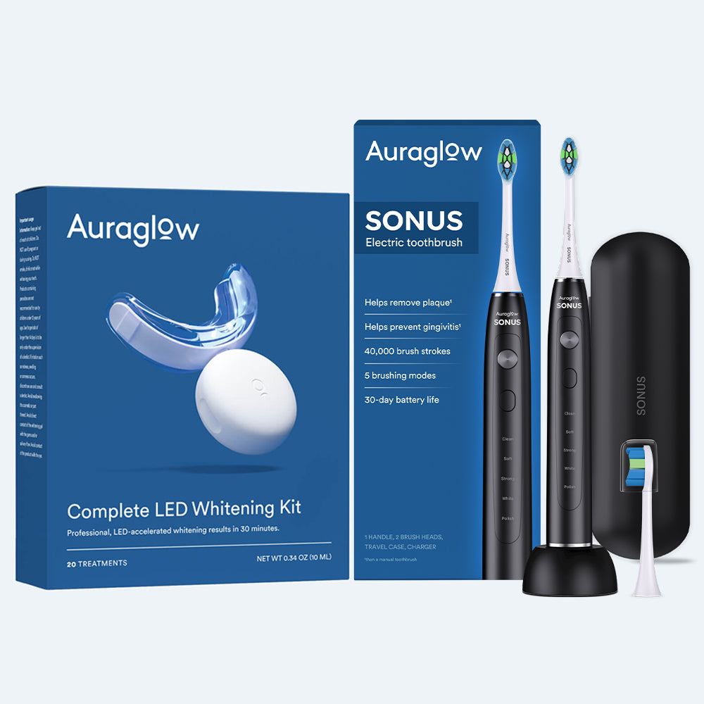 Auraglow Teeth Whitening Kit and Sonus Electric Toothbrush — front view
