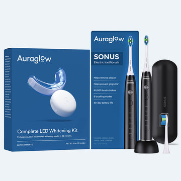 Auraglow Teeth Whitening Kit and Sonus Electric Toothbrush — front view