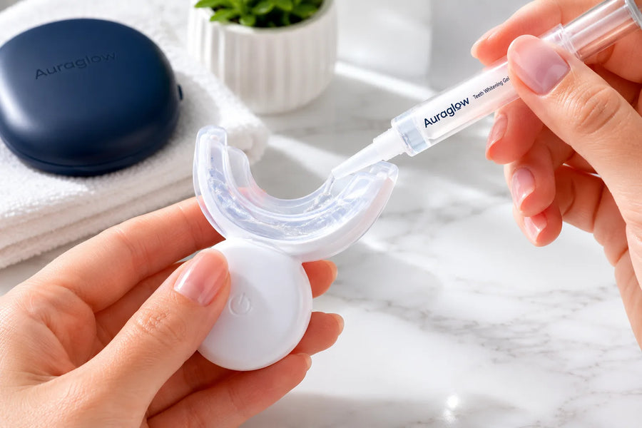 Applying Auraglow whitening gel to the tray